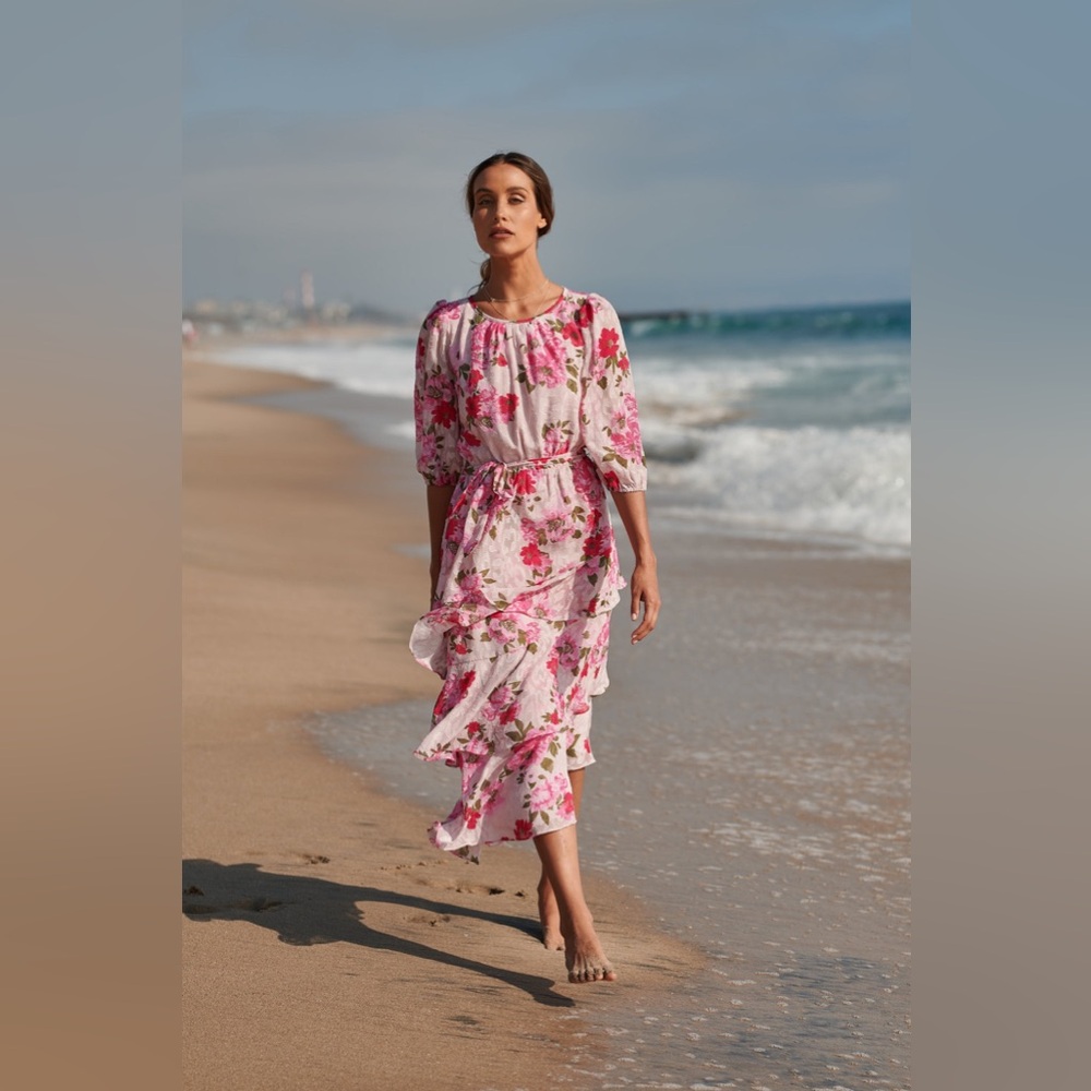 Sugarlips Celia Asymmetrical Ruffle Midi Dress in Celia Pink Multi, Size Medium